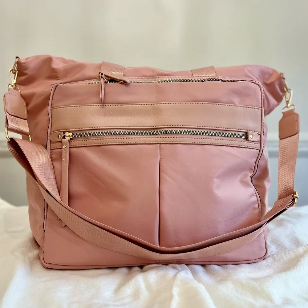 Pink soft padded nylon overnight laptop tote w/ double handle & adjustable strap